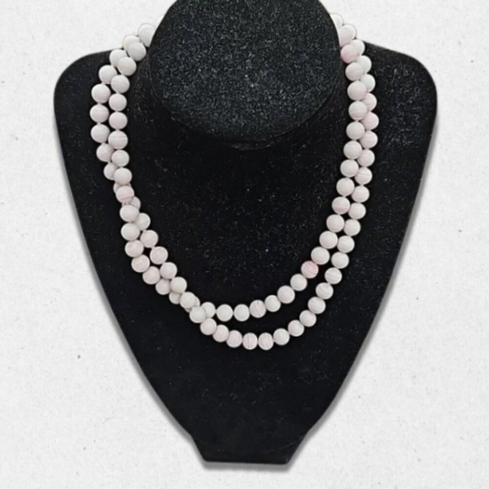 Vintage Striped Glass Beaded Necklace Double Strand Floral Clasp Pink/White W OS